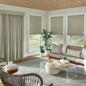 Living room with three pleated window shades and a floor-length drapery panel, wicker chairs and a jute rug