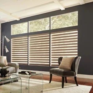 Three striped zebra shades below transom windows in a living room with a dark accent wall